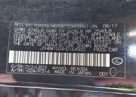 2017 Lexus Es 300H from USA, damaged, VIN JTHBW1GGXH2164502